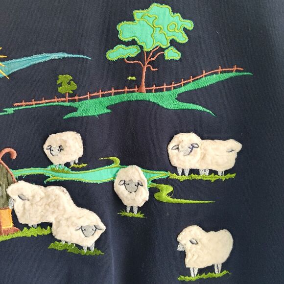Vintage 90s Cottagecore Collared Sweatshirt 3D Farmer Sheep Pasture Scene Small - Picture 6 of 11
